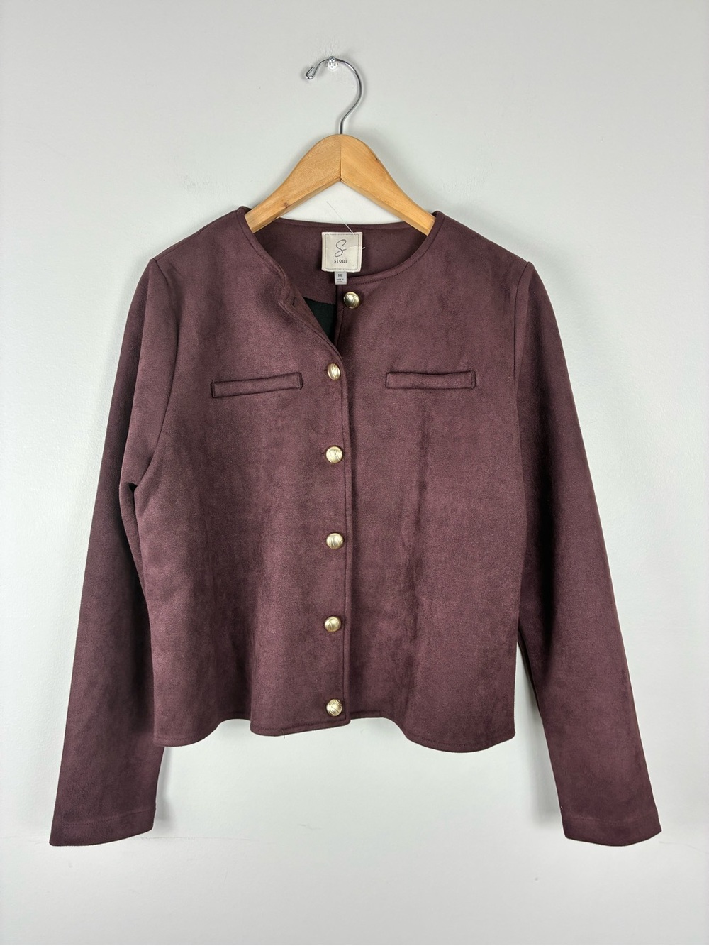 Womens Faux Suede Burgundy Collarless Jacket Gold Button Preppy Quiet Luxury M